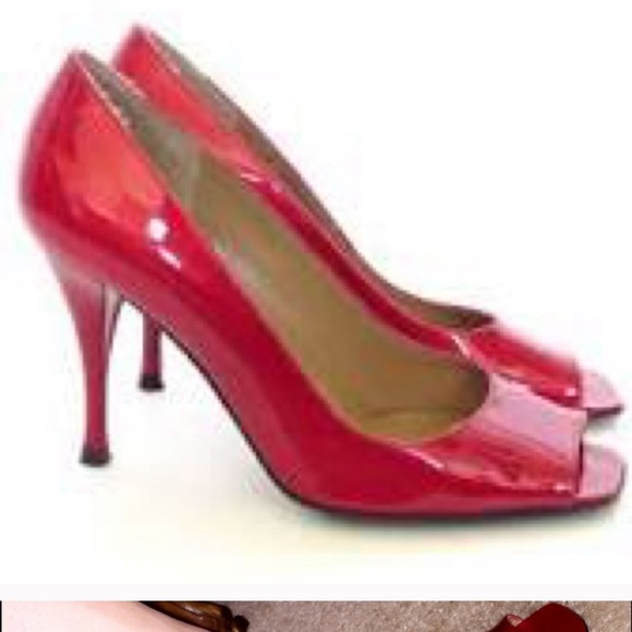 Stuart Weitzman Linda Red Quasar Leather Open Toe Pumps - Picture 2 of 4